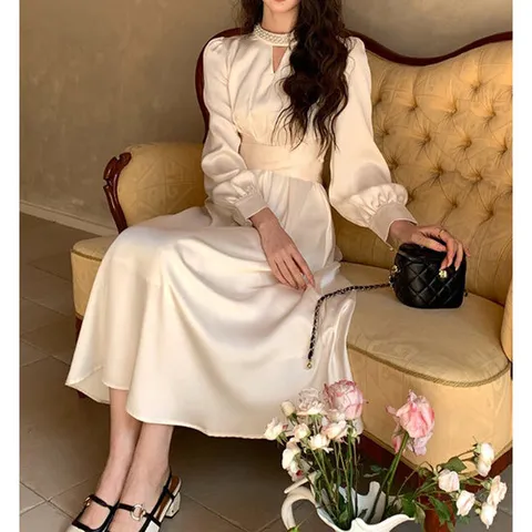 [드레스허그]세트틴 진주 포인트 새틴 원피스