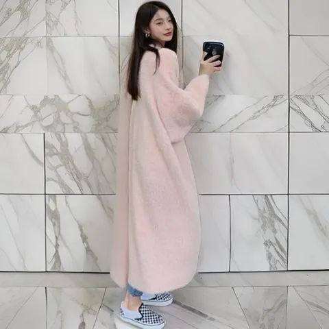 [미라클세븐][M7] 여자 분홍 클래식 캐쥬얼 밍크 퍼 롱가디건