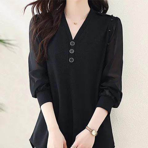 [패션에비뉴/99사이즈까지] 브이넥버튼 롱블라우스 254D1B06