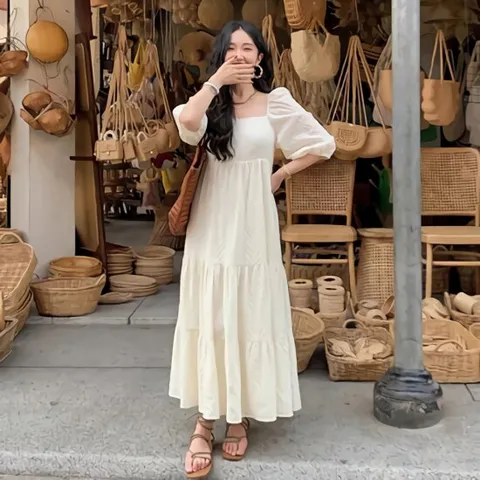 [SALE] 여성 여름 누레드 펀칭 스퀘어넥 롱 원피스