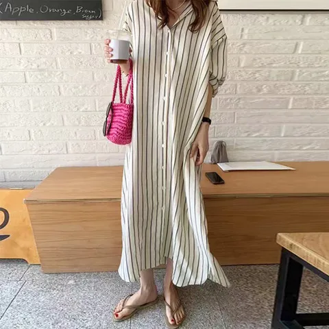 이쁘다 린츠 스트라이프 롱 셔츠 원피스