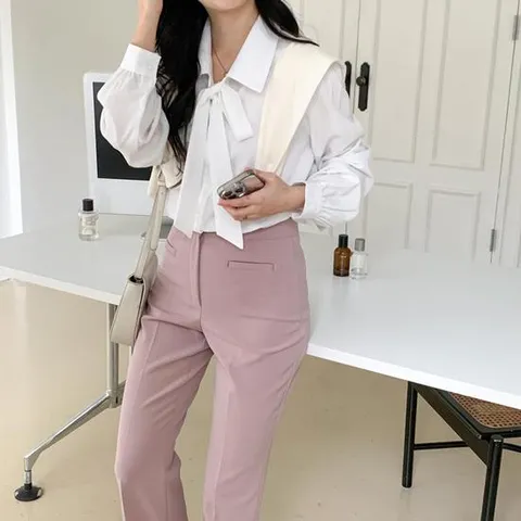 [다잇템]여성 타이넥 미니멀리즘 무지컬러 블라우스