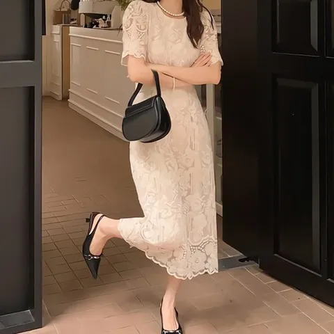 [SALE]여성 펀칭 레이스 허리 플라워 청순 롱원피스