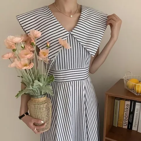 [SALE]여성 핏 스트라이프 세일러 카라 롱 원피스