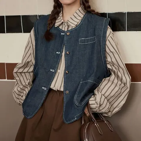 나바바 / NC336 빈티지 스티치 데님 청 조끼 베스트