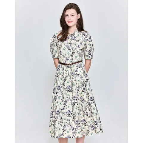 헤지스 여성 25SS 면100%베이지 플라워 프린트 클래식 셔츠형 반소매 원피스 HSDR5B203I1