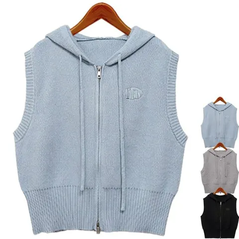 하얀비 후드집업 니트조끼/봄신상 미시니트/자수로고/여성후드베스트/레이어드/빅사이즈/니트가디건