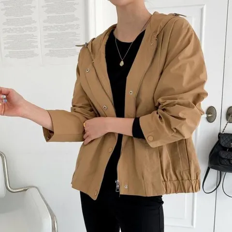 루즈핏야상 봄점퍼 허리셔링 올리브그린 후드집업