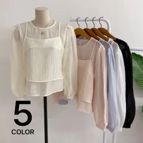 허니제이 /  SET상품  프리필 시스루 뷔스티에 + 퍼프 블라우스 세트/ 5color