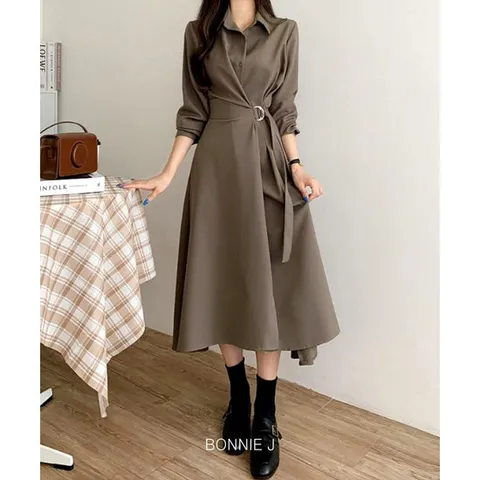 보니제이 / 셔츠카라 랩스타일 벨트 퍼프소매 롱원피스 오피스룩