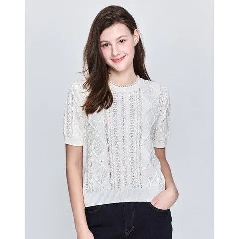 헤지스 여성 25SS 크로쉐 면혼방 반소매풀오버 아이보리 HSSW5B311IV