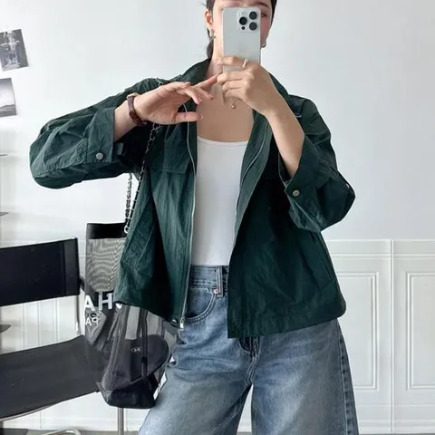 딥그린 블루종바람막이 롤업 후드집업 여성점퍼