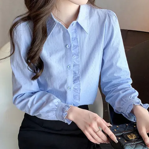 [오아즈] 여성 프릴 포인트 하객 긴팔 셔츠 남방 블라우스 2color