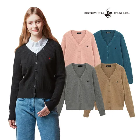 [비버리힐스폴로클럽]여성 브이넥 버튼 케이블 가디건