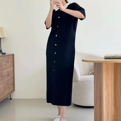 배색카라 반소매 하객 돌잔치 비스코스 봄니트원피스