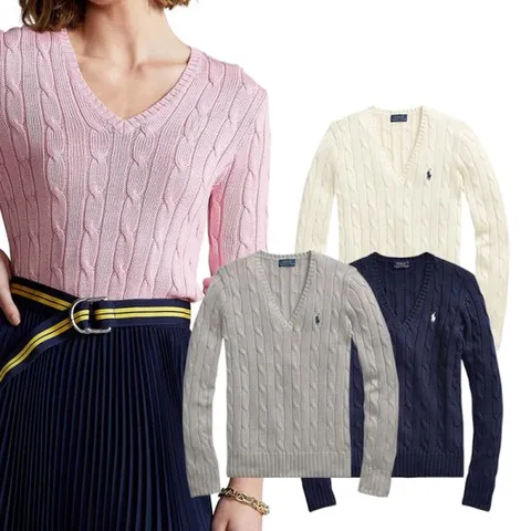 [폴로랄프로렌]랄프 로렌 여성 브이넥 코튼 꽈배기니트