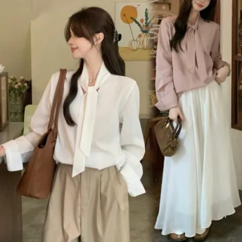 [다잇템]여자 롱슬리브 타이넥 여유핏 블라우스