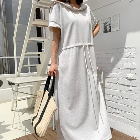 [옷자락]여자 세일러넥 스트링 오버핏 반소매 롱 원피스