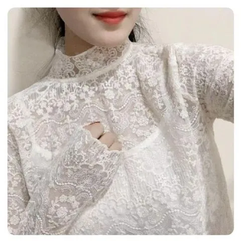 블라우스 셔츠 브라우스 남방 여성 시스루 레이스 하이넥 이너