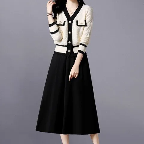 [핑크엘리제]니트가디건 롱 스커트 세트 코로넬투피스