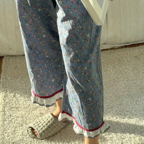 국산 60수 아사면 여자 잠옷바지 꽃무늬프릴 밴딩 파자마 바지