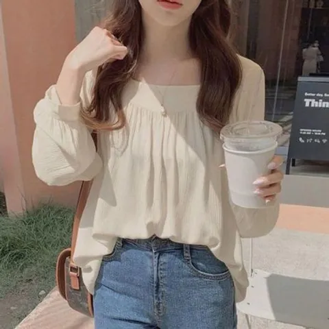 블라우스 셔츠 브라우스 남방 여성 예쁜 스퀘어넥 긴팔 쉬폰 셔