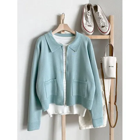 [샵앤]여성 카라넥 펄 레이어드 앞포켓 집업 니트 가디건 DGB-WCD-4145-민트