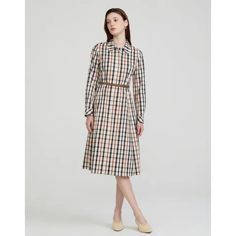 닥스 여성 25SS면브라운 하우스 체크 셔츠형 벨티드 긴소매 원피스 DLDR5BE11W3