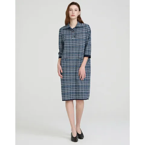 닥스 여성 25SS블루 글리터 체크 니트 7부 원피스 DLSW5A105T3