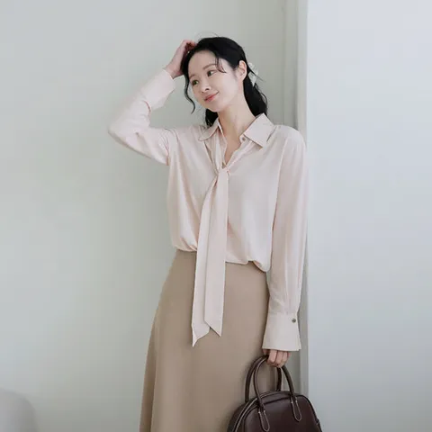 [르포엠]페미닌 히든버튼 타이 블라우스 2종세트