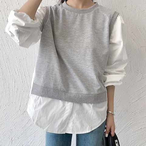 [유니제이] 카발 니트 레이어드 블라우스