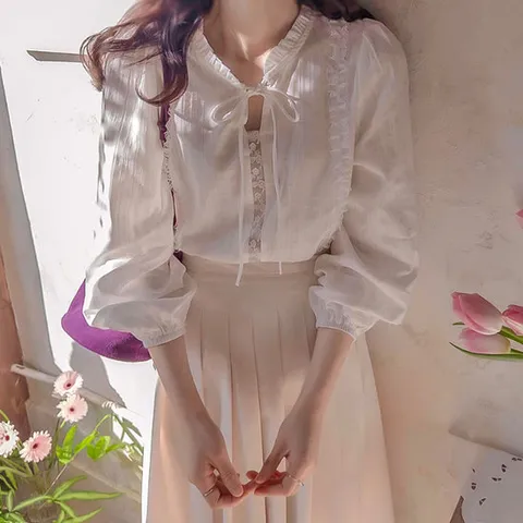 [리린][LABEL] 클라인드 봄레이스 배색 앤리본 단아한 블라우스