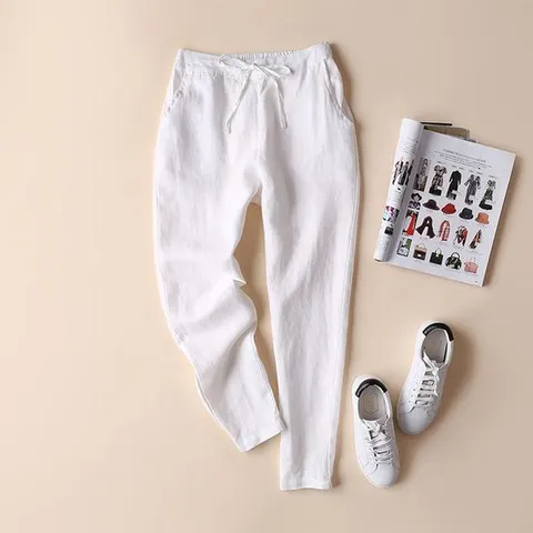 여성 린넨 여름 바지 배기 핏 쿨 밴딩 팬츠 화이트