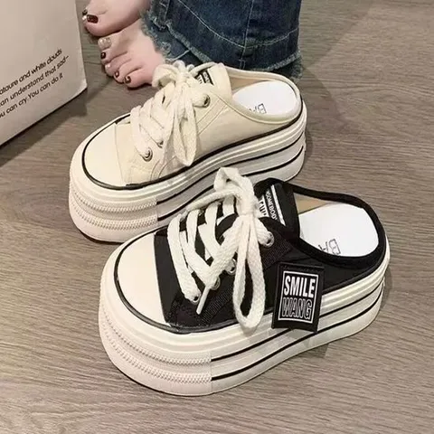 여성 사이드 라벨지 통굽 스니커즈화 블로퍼 뮬 단화