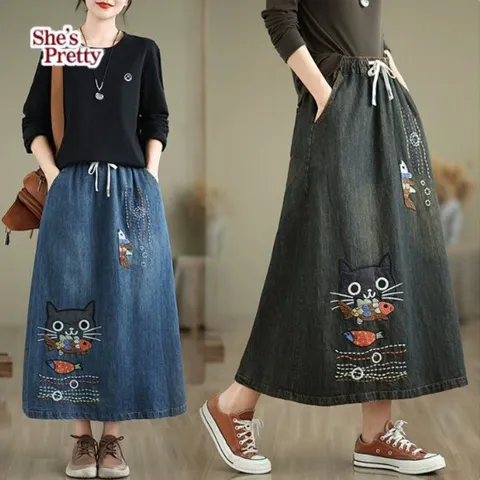 [쉬즈프리티] 지오캣자수데님스커트(밴딩)