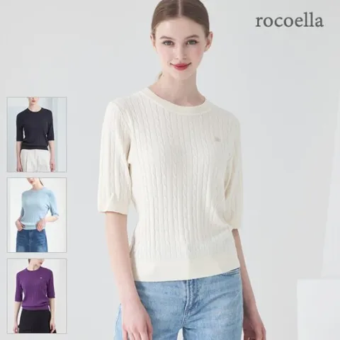 로코엘라 클로이 자수 케이블 여성 반팔 니트