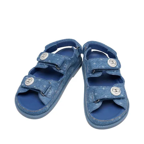 (명품) 225mm 블루 코튼 마크 벨크로 여성 샌들