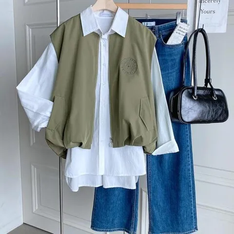 꽃자수 라운드 국방색 벌룬 아방 바스락조끼 봄아우터