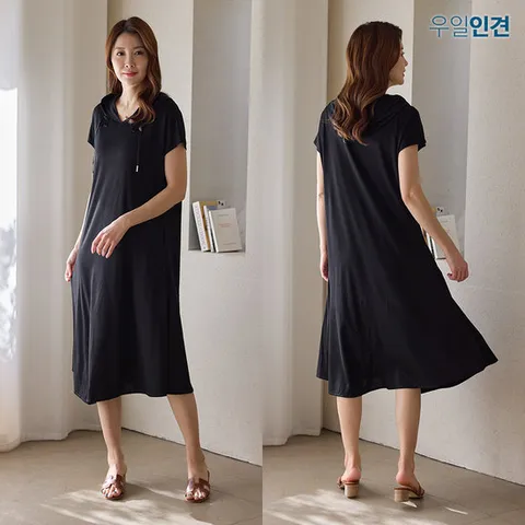[우일인견] 빅사이즈 소프트스판 후드 롱 원피스