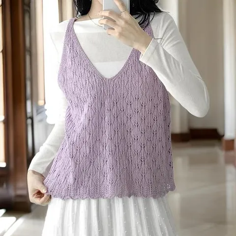 [무배] 여자 브이넥 여름조끼 나뭇잎 스카시 니트조끼