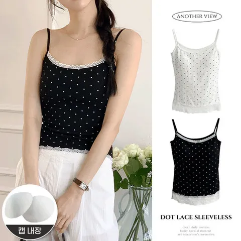 어나더뷰 캡내장 도트 레이스 캡나시 민소매 끈나시 여름 2542