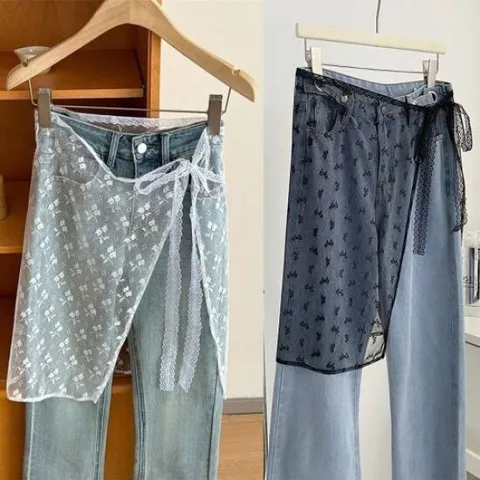 스커트 치마 레이스 레이어드 거즈 나비 플라워 청 바지