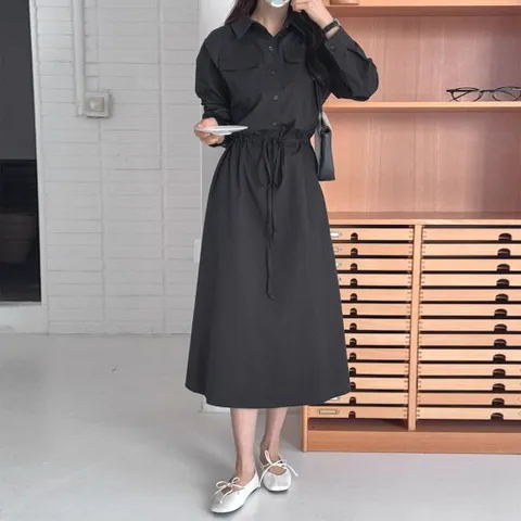 문에이블 여자 여성 봄 가을 간절기 루즈핏 허리끈 셔츠 카라 롱 면 원피스