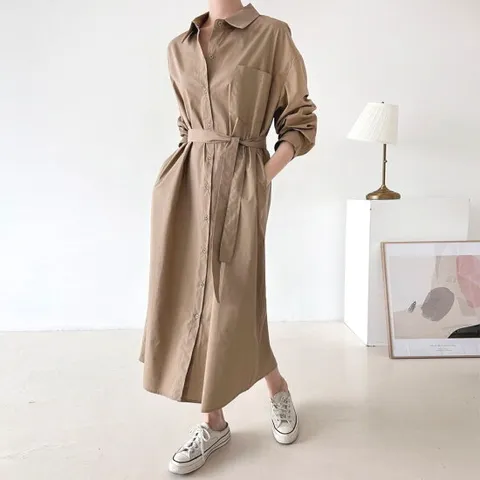 문에이블 여자 여성 봄 가을 간절기 루즈핏 허리 벨트 셔츠 오피스룩 카라 롱 원피스