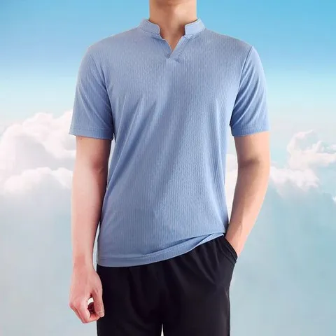 남자 여름 차이나 헨리넥 카라 메쉬 쿨 반팔 티셔츠