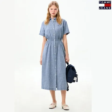 [ 롯데백화점 ]30% SALE[타미진스]여성 맥시 린넨혼방 인디고 데님 롱원피스