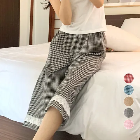 마리끄 국내산 여성 체크 레이스 실내복 파자마 5부 7부바지