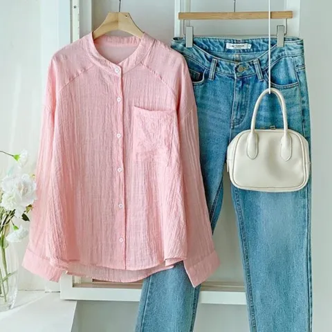 [미라클세븐]찰랑핑 얇은긴팔 여성 시스루 라글란 핑크셔츠 흰남