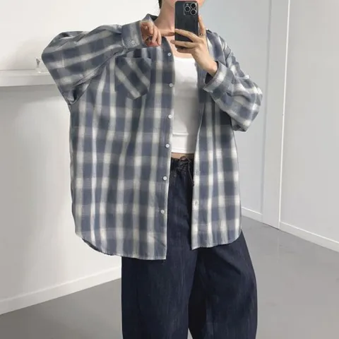 [미라클세븐]체크남방 박스셔츠 얇은긴팔 봄여름 여자 찰랑 힙커