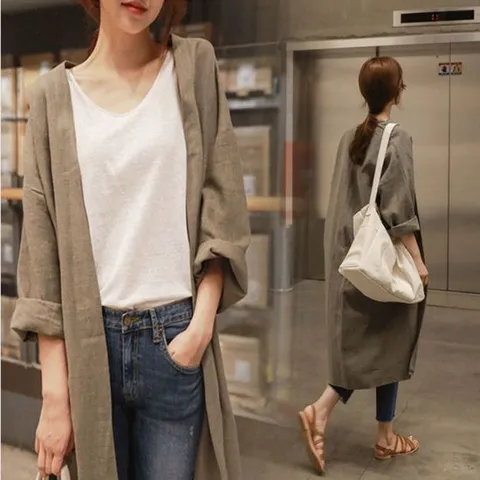 여성 여름 가벼운 롱 코트 노버튼 여름 자켓 루즈핏